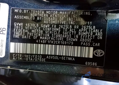 2012 Toyota Camry Base из США, поврежденный, VIN 4T4BF1FK2CR169179